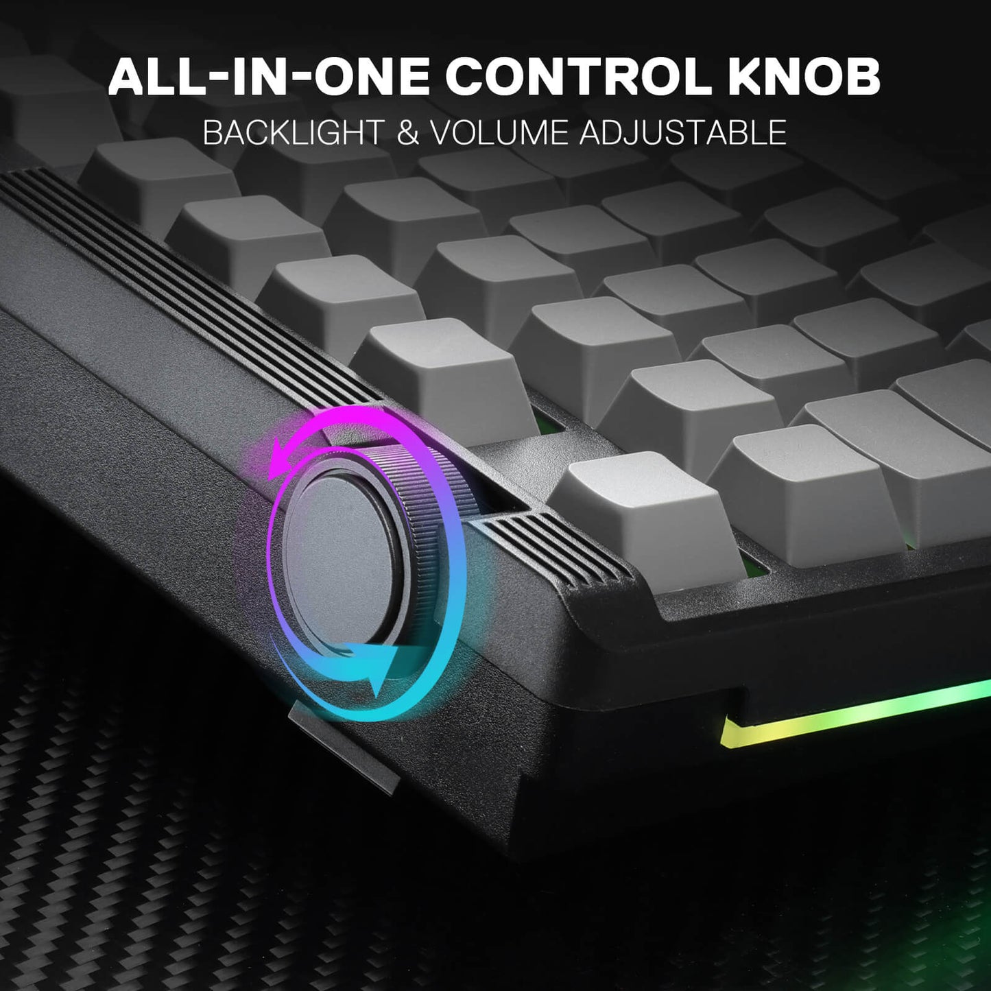 Redragon K729 Gaming keyboard with an all-in-one control knob featuring backlight and volume adjustment.