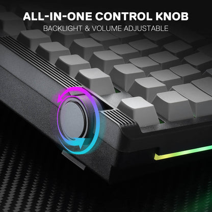 Redragon K729 Gaming keyboard with an all-in-one control knob featuring backlight and volume adjustment.