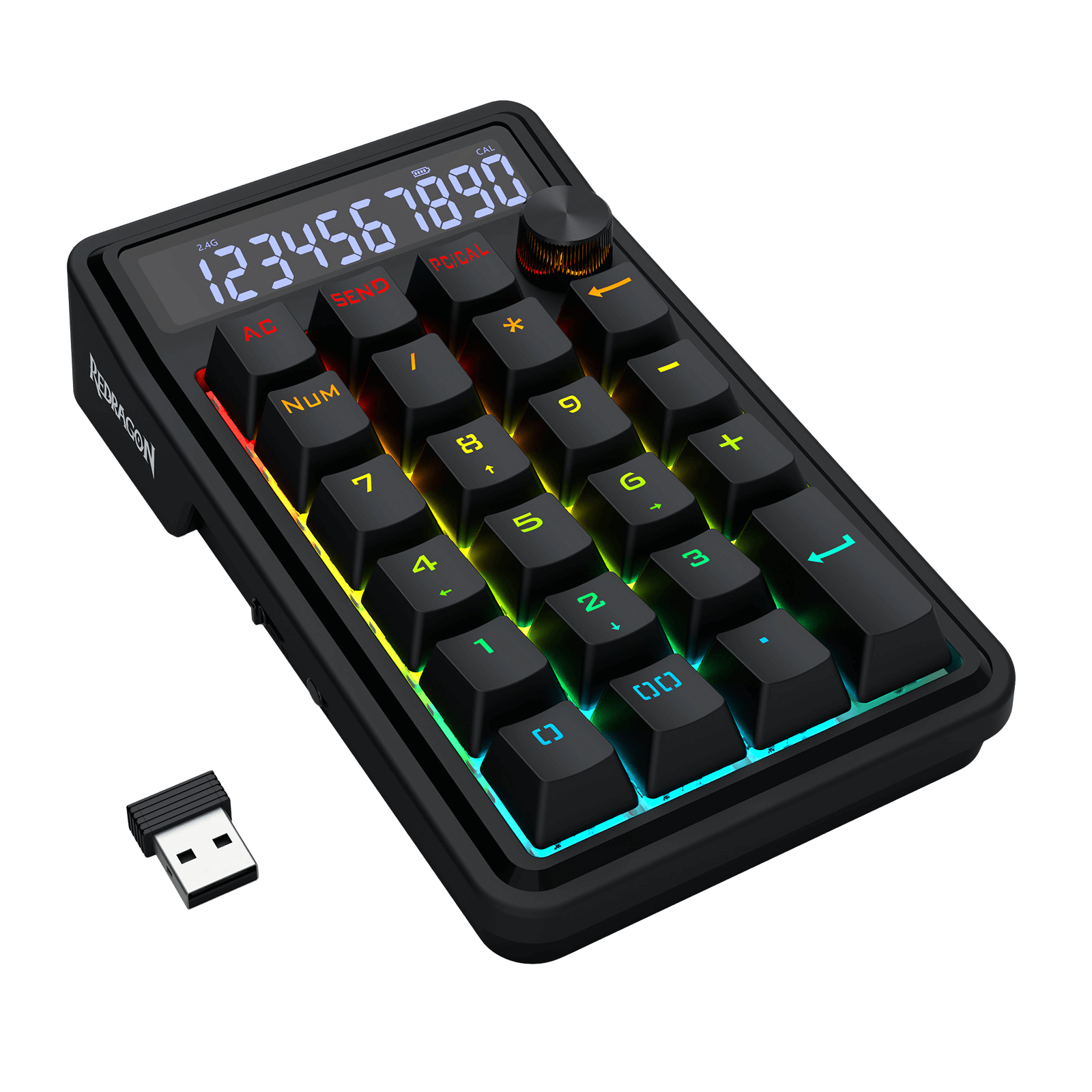 Black calculator with RGB backlighting on a black background