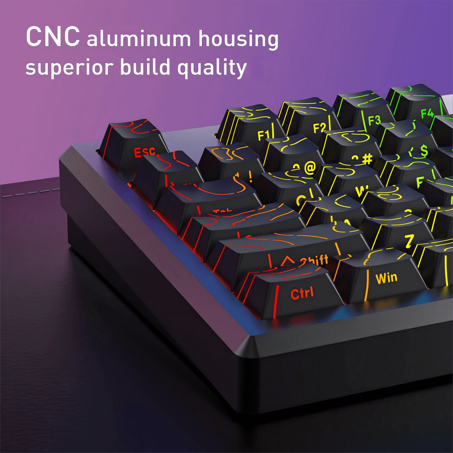 redragon K737 PRO Keyboard with illuminated keys on a purple background, highlighting CNC aluminum housing.