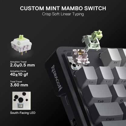 Redragon custom mint mambo switch with keyboard and technical specifications on a dark background