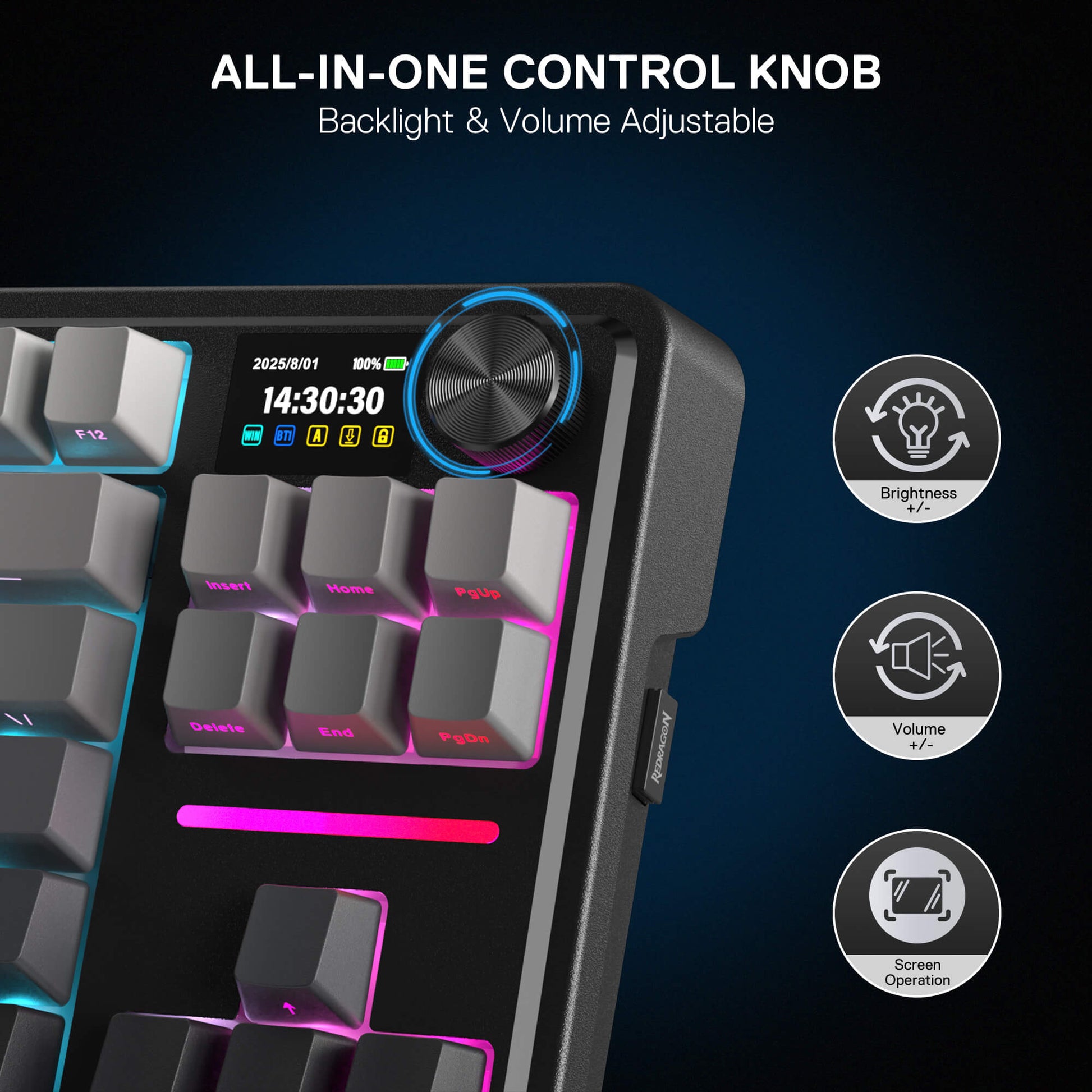 Redragon Mechanical keyboard with an all-in-one control knob for backlight and volume adjustment on a dark background.