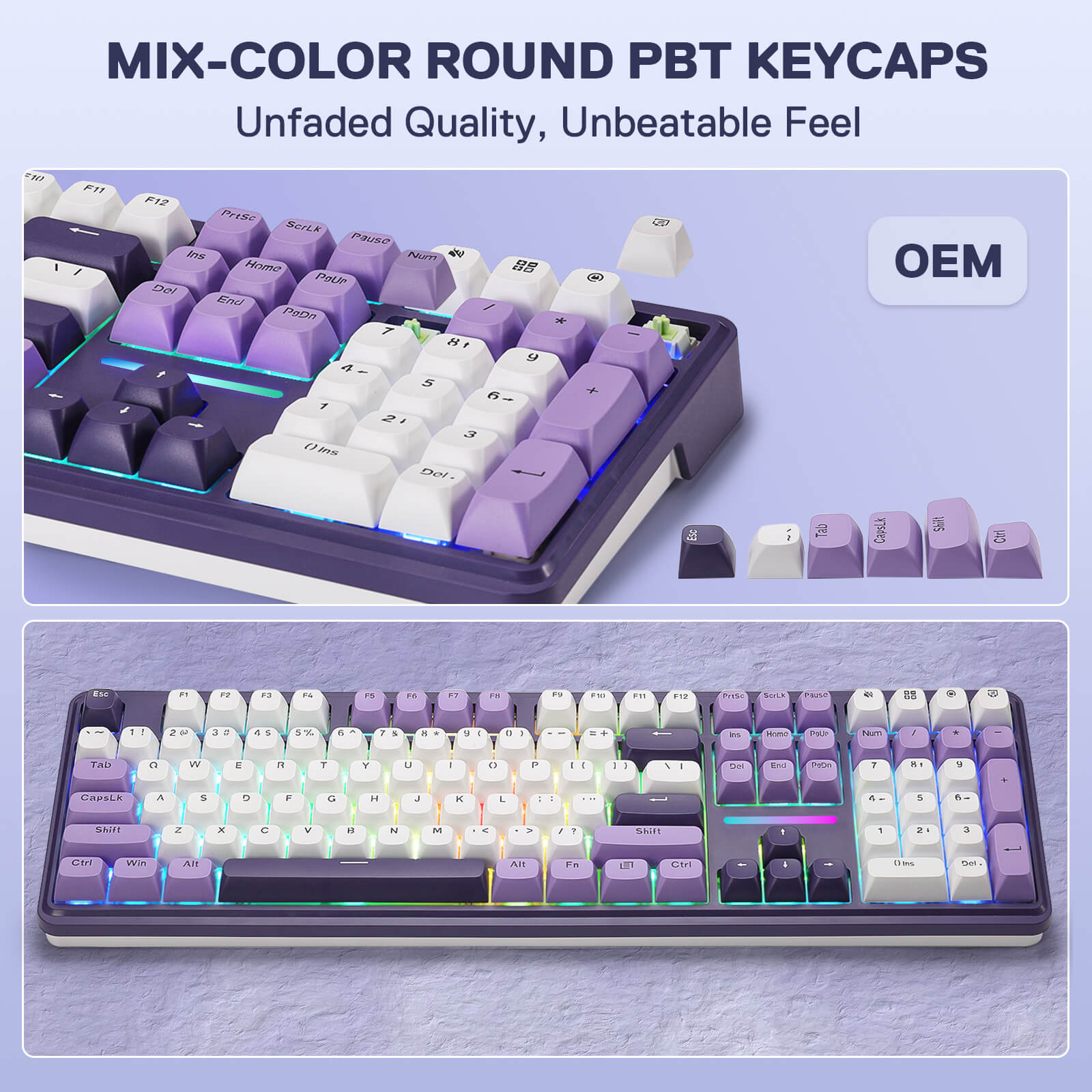 Redragon K745 PRO Mechanical keyboard with mix-color round PBT keycaps on a light blue background