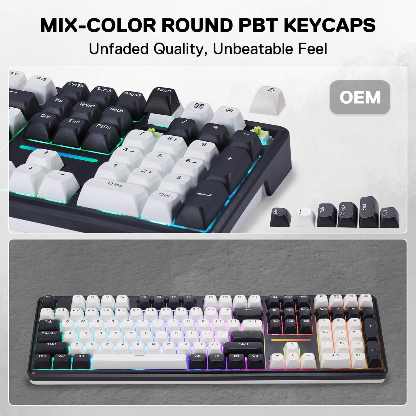 Mechanical keyboard with mix-color round PBT keycaps on a gray background