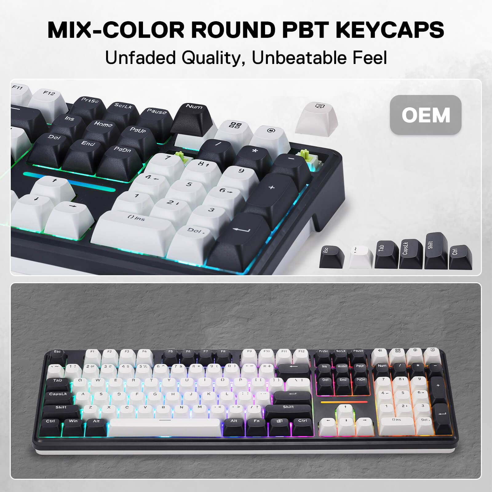 Mechanical keyboard with mix-color round PBT keycaps on a gray background
