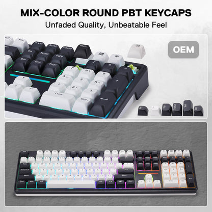 Mechanical keyboard with mix-color round PBT keycaps on a gray background
