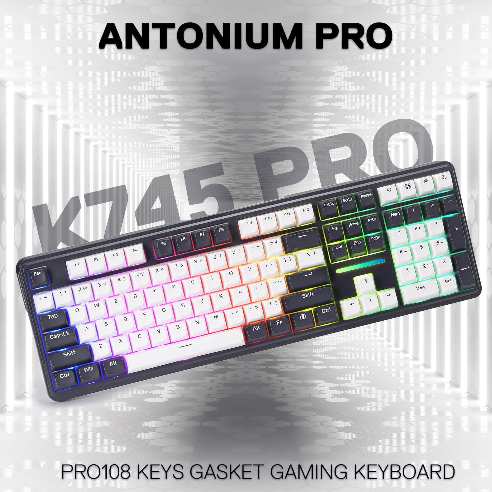 Gaming keyboard with colorful backlighting on a metallic background, featuring 'Antonium Pro' branding.
