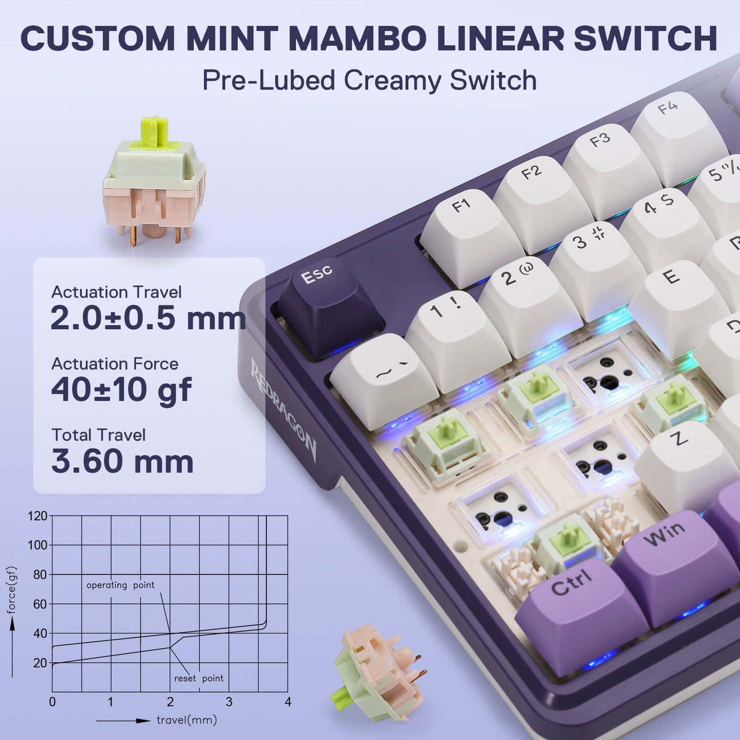 Custom mint mambo linear switch with keyboard and technical specifications on a light blue background