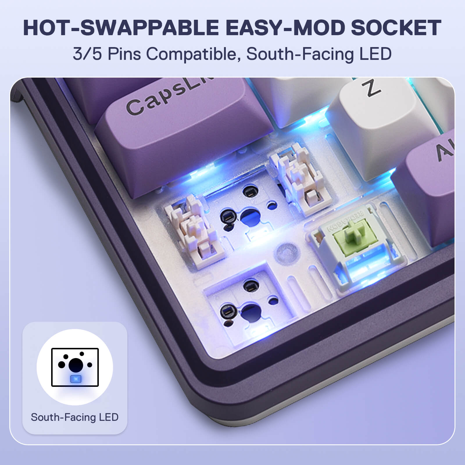 Hot-swappable easy-mod socket with LED lighting on a keyboard base.