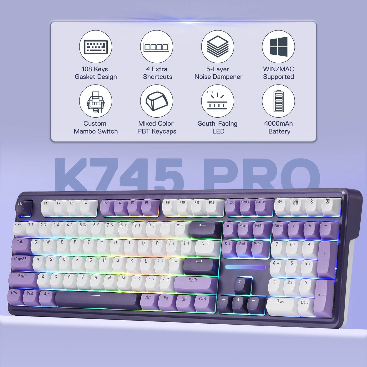 K745 Pro keyboard with feature icons and text on a light purple background
