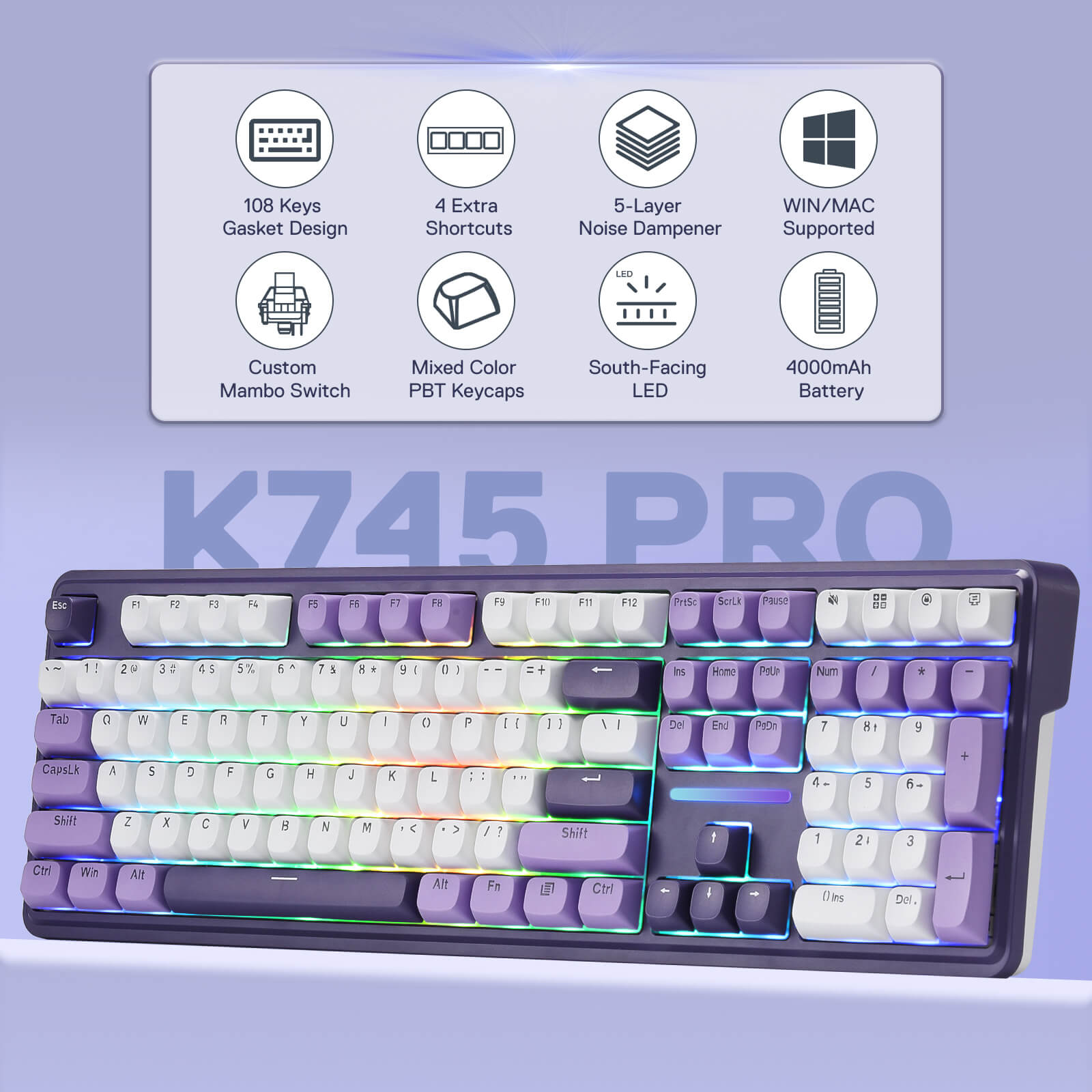 K745 Pro keyboard with feature icons and text on a light purple background