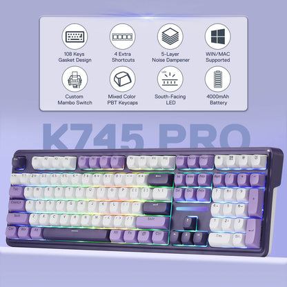 K745 Pro keyboard with feature icons and text on a light purple background