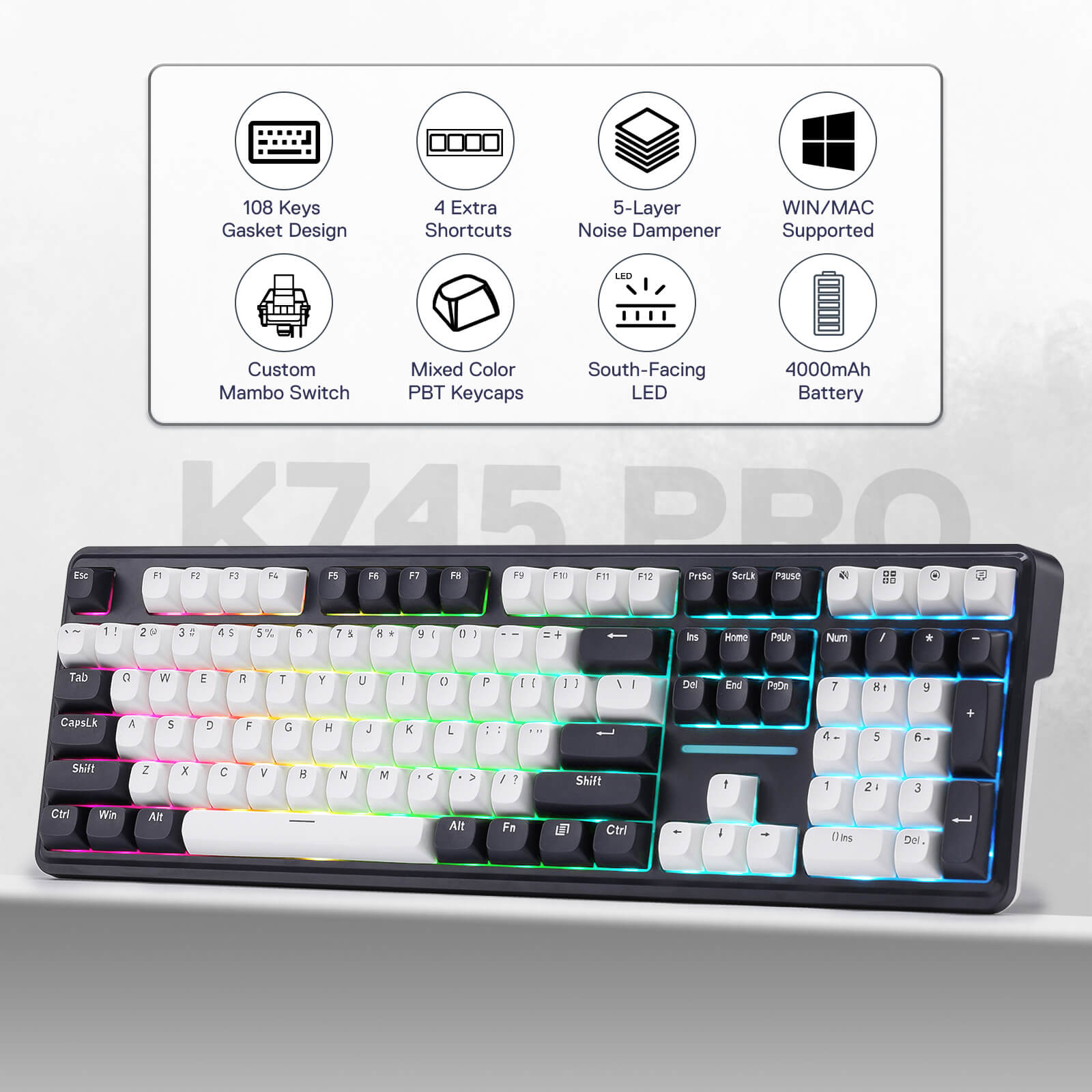Mechanical keyboard with features listed on a white background