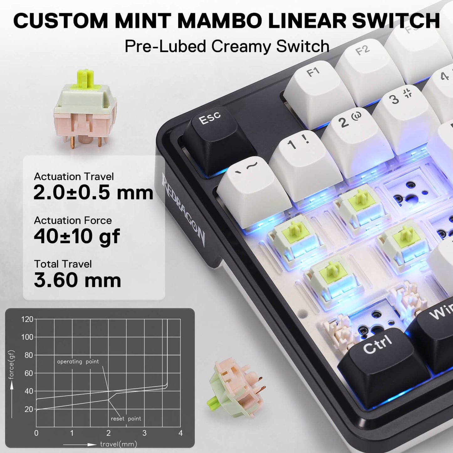 Mechanical keyboard with custom mint mambo linear switch on a white background