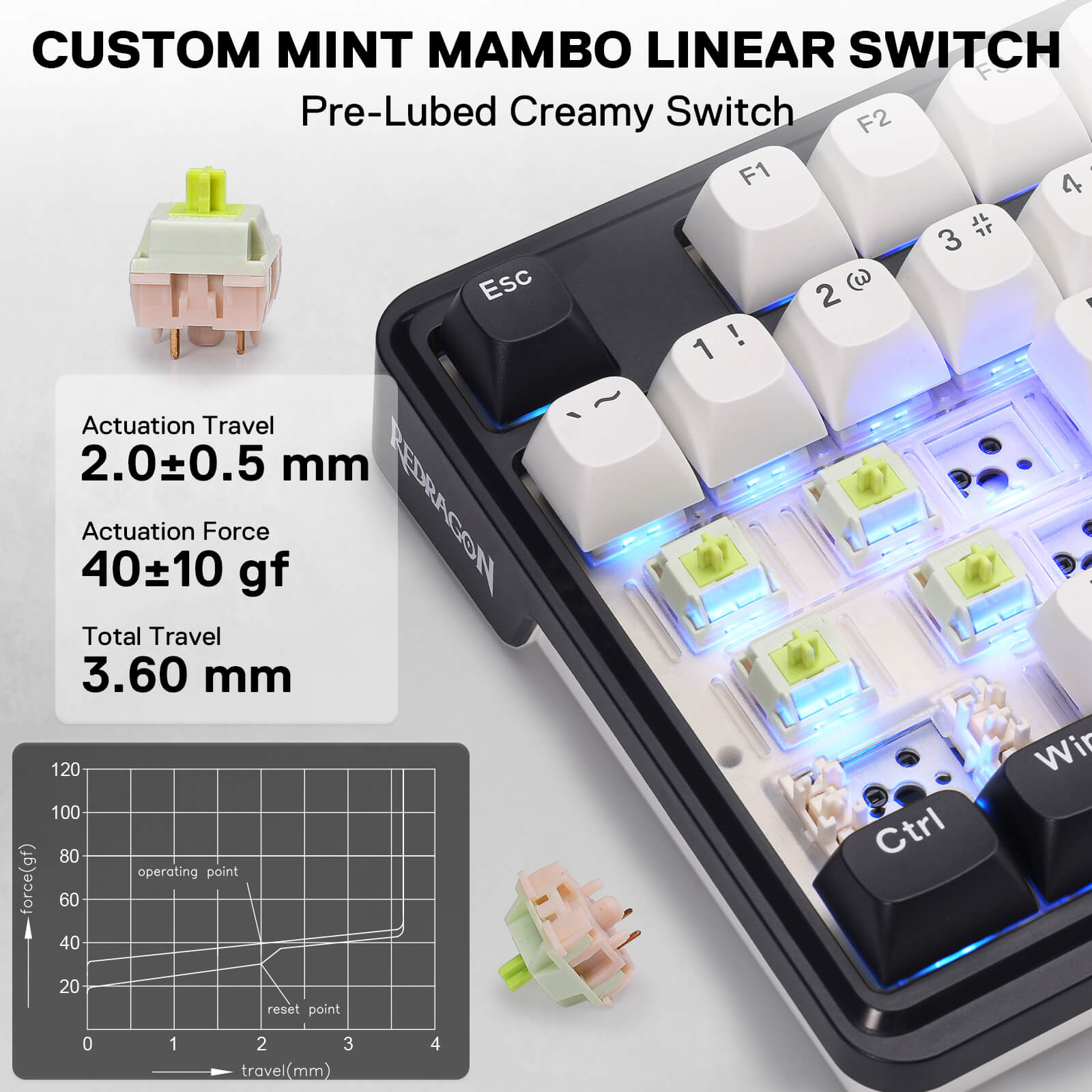 Mechanical keyboard with custom mint mambo linear switch on a white background