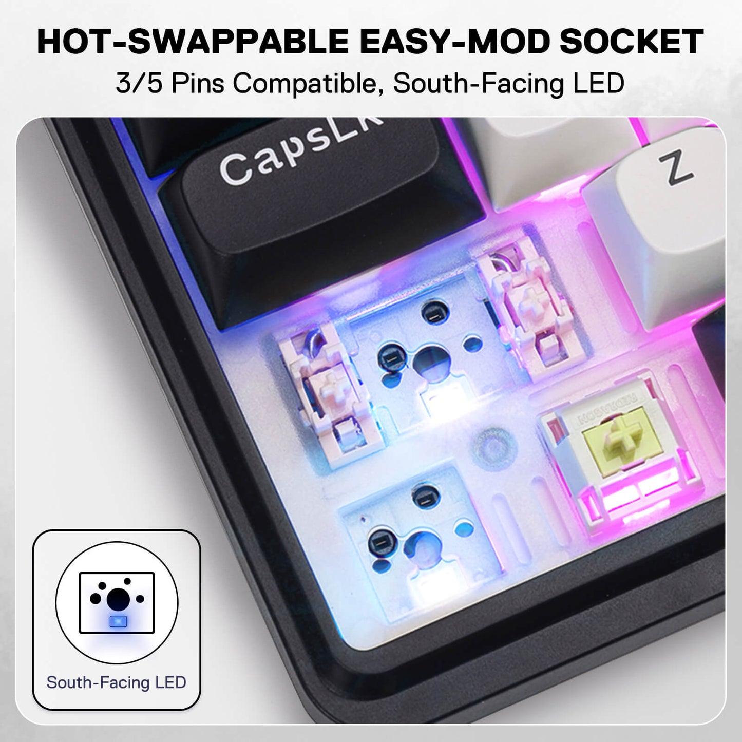 Hot-swappable easy-mod socket with South-Facing LED on a white background
