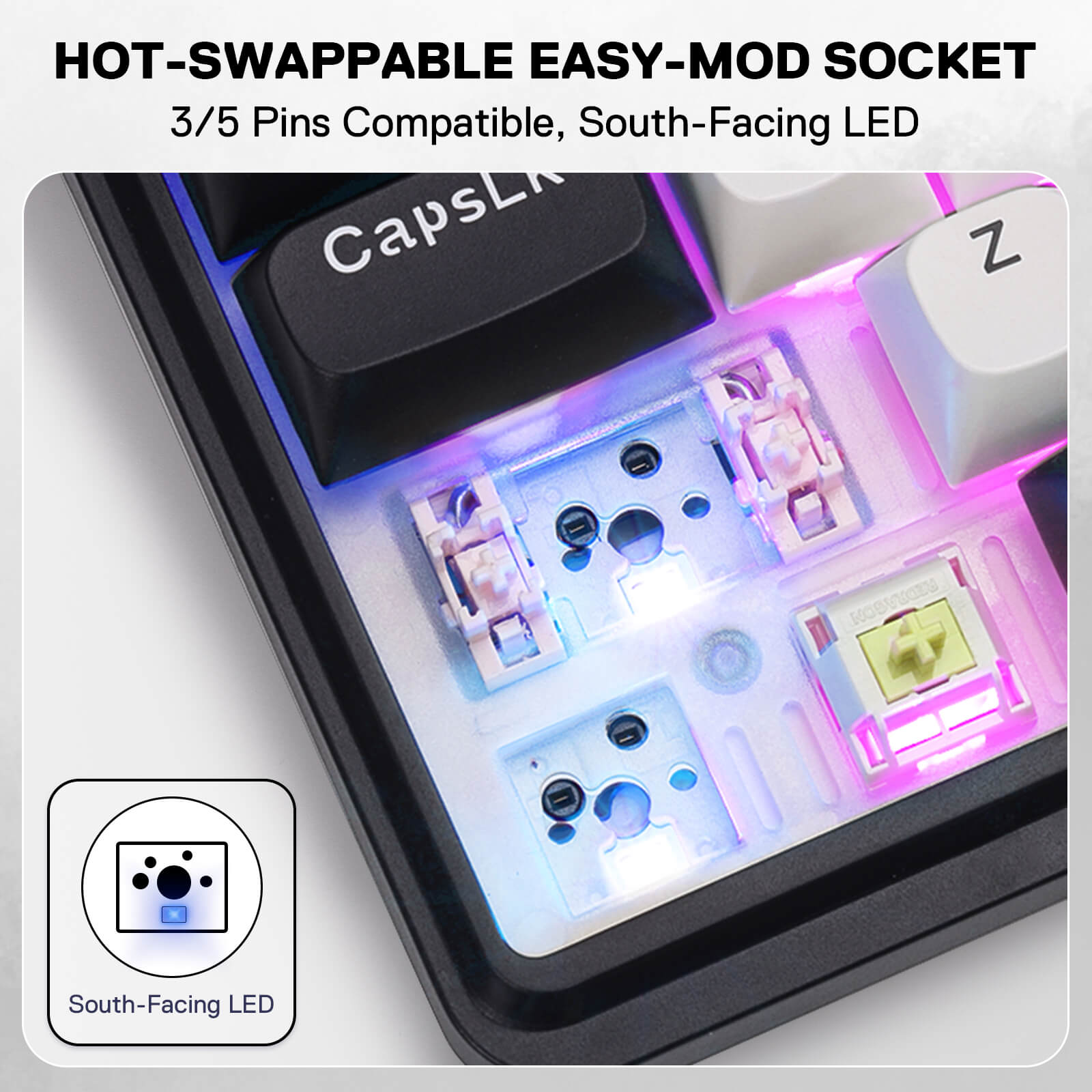 Hot-swappable easy-mod socket with South-Facing LED on a white background