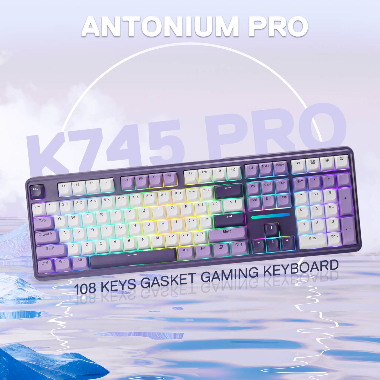 Gaming keyboard with colorful backlighting on a light blue gradient background, featuring 'Antonium Pro' branding.