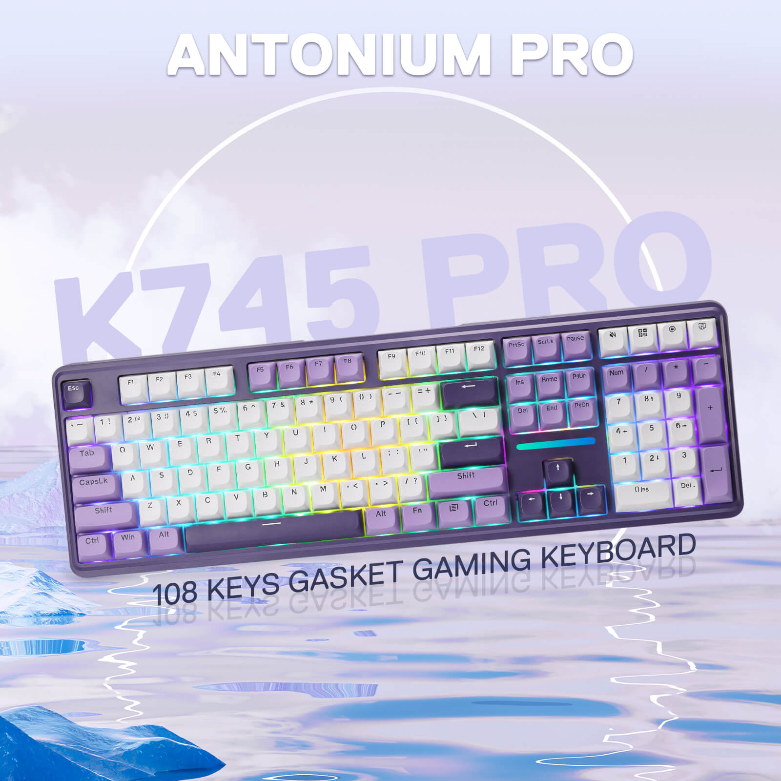 Gaming keyboard with colorful backlighting on a light blue gradient background, featuring 'Antonium Pro' branding.