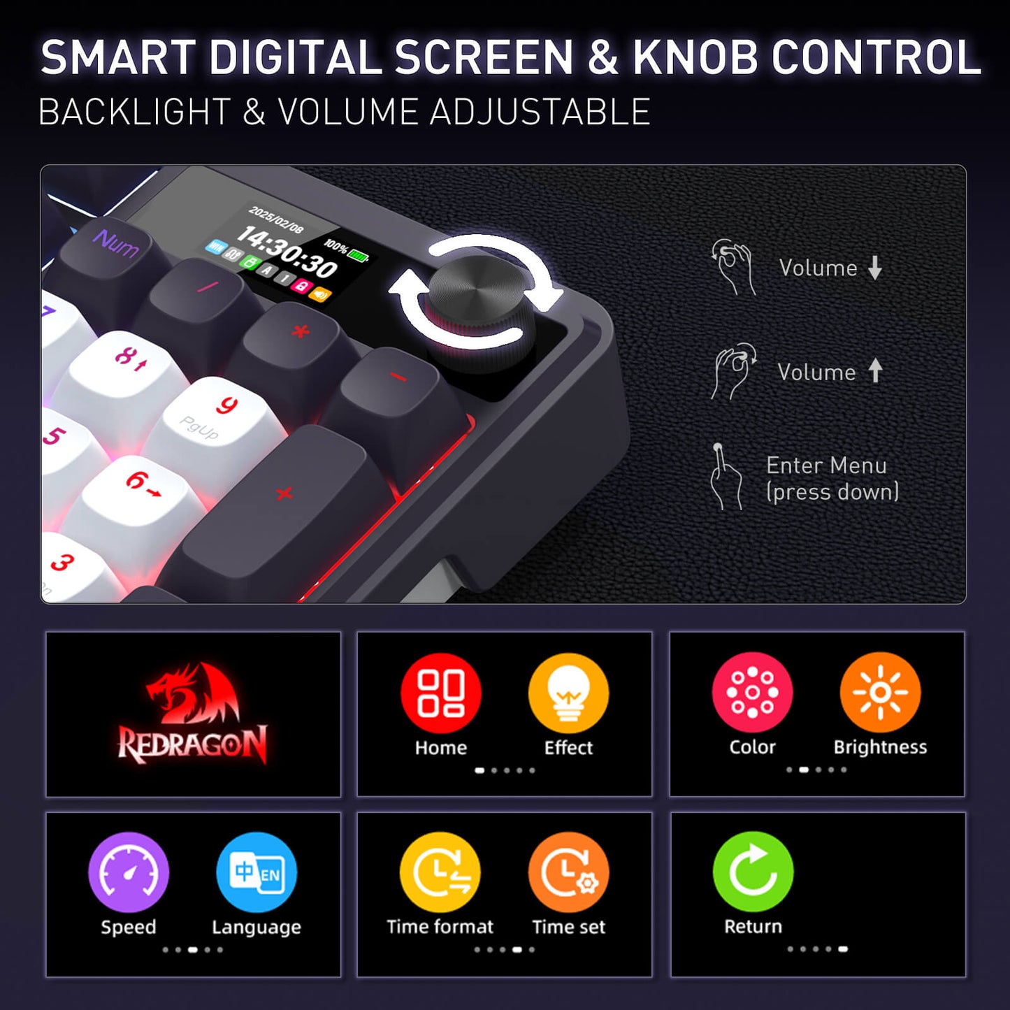 Control panel with digital screen and knobs, featuring Redragon branding and various function icons.