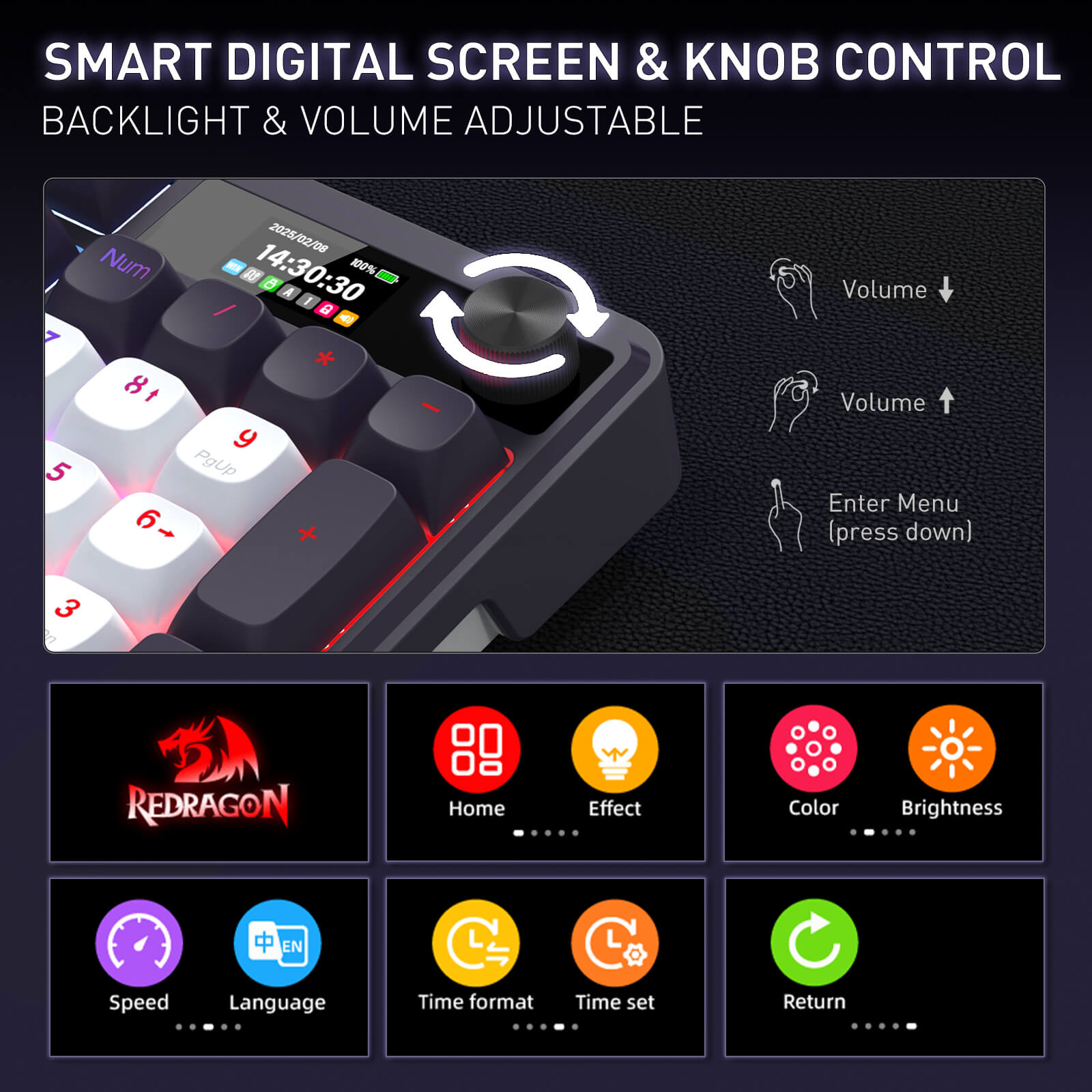 Control panel with digital screen and knobs, featuring Redragon branding and various function icons.