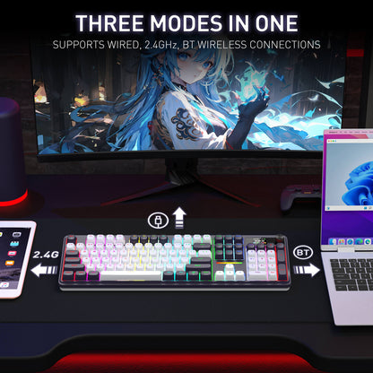 Gaming setup with keyboard, monitor, and laptop on a desk, featuring text about connection modes.