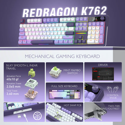 Redragon K762 mechanical gaming keyboard with feature highlights on a purple background
