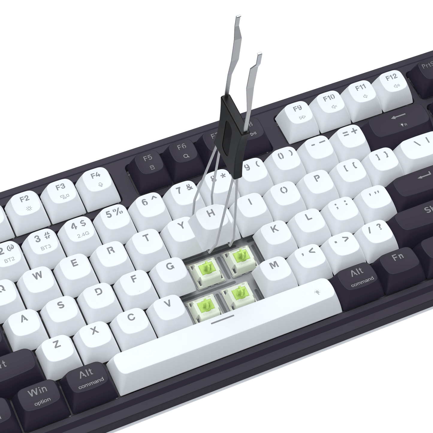 Close-up of a mechanical keyboard with white keys on a black background