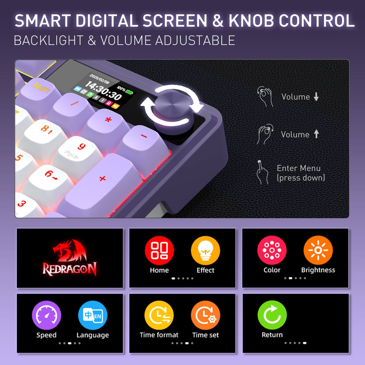 Smart digital screen and knob control with backlight and volume adjustable features, featuring Redragon branding.