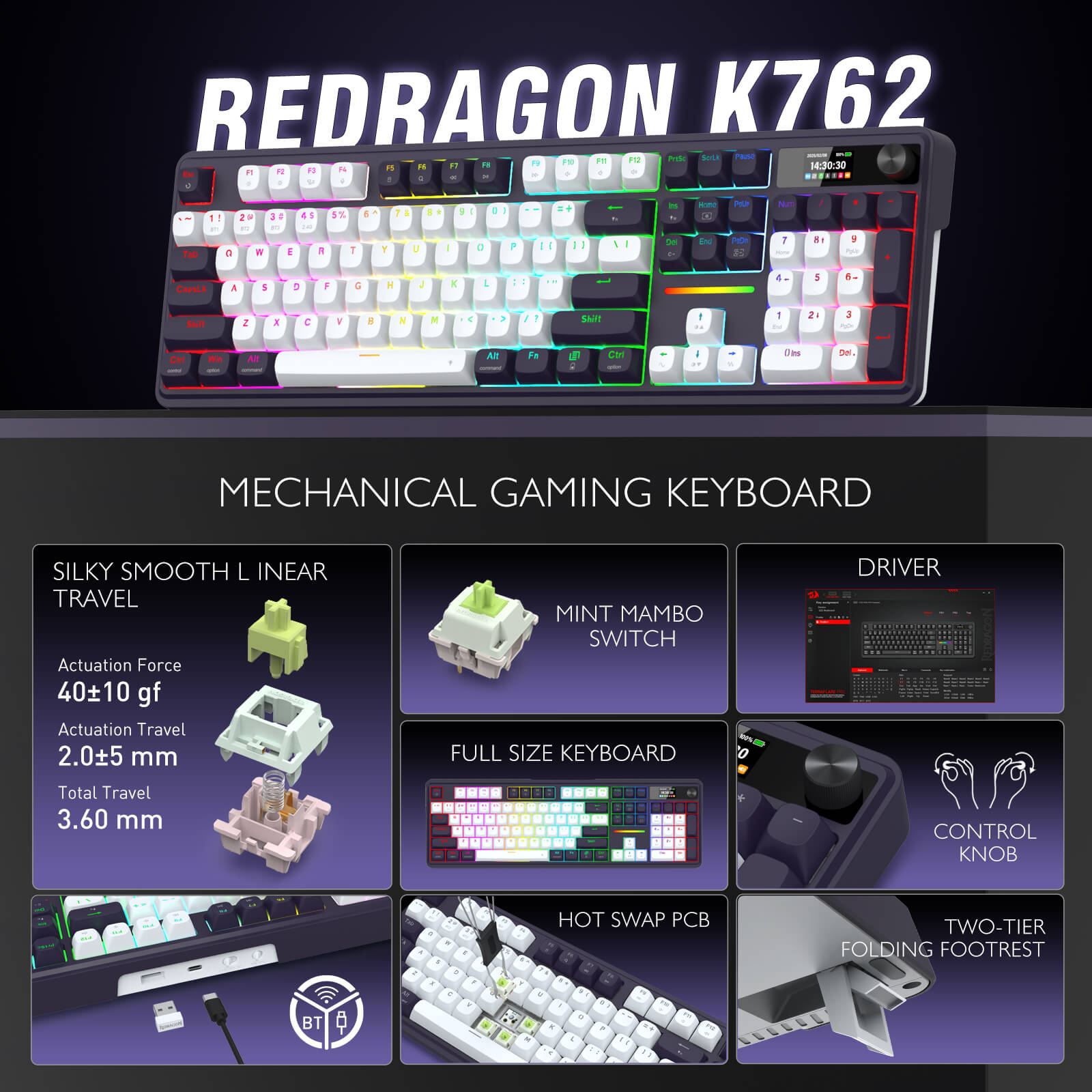 Redragon K762 mechanical gaming keyboard with features highlighted on a dark background