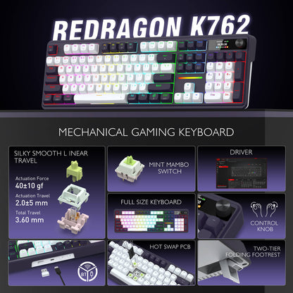 Redragon K762 mechanical gaming keyboard with features highlighted on a dark background