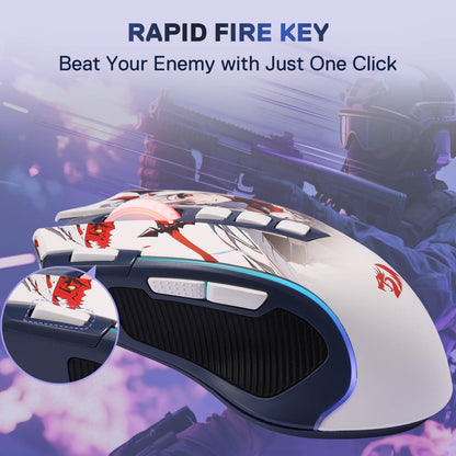 Gaming mouse with rapid fire key feature on a blurred background of a person playing video games.