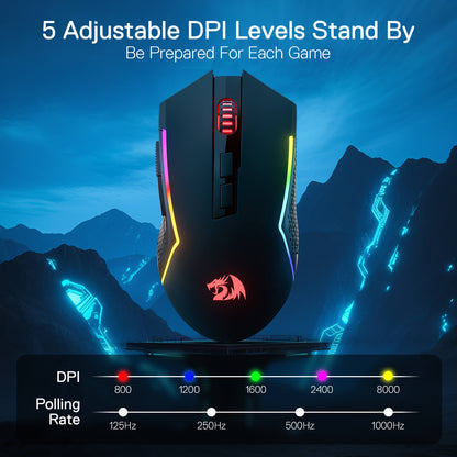 Redragon Gaming mouse with adjustable DPI levels on a mountainous background