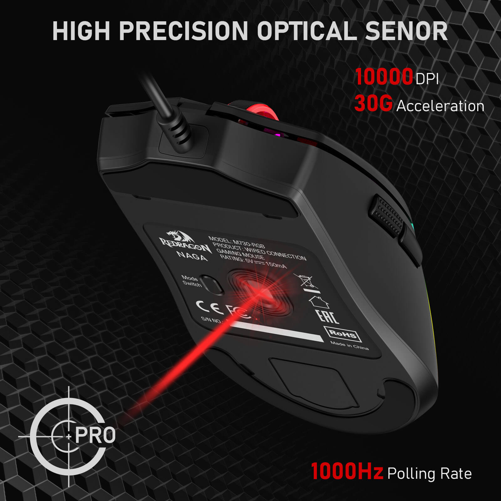 Redragon M730 Gaming mouse with high precision optical sensor details on a dark background