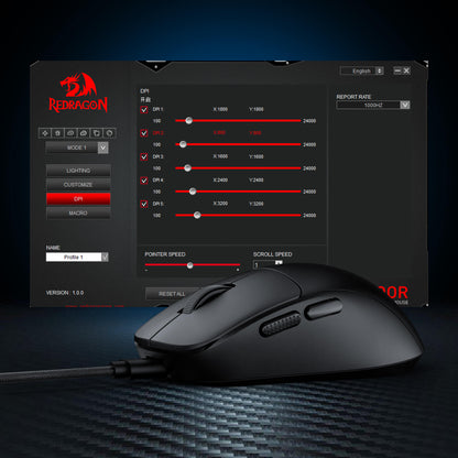Black gaming mouse with Redragon software interface on a dark background