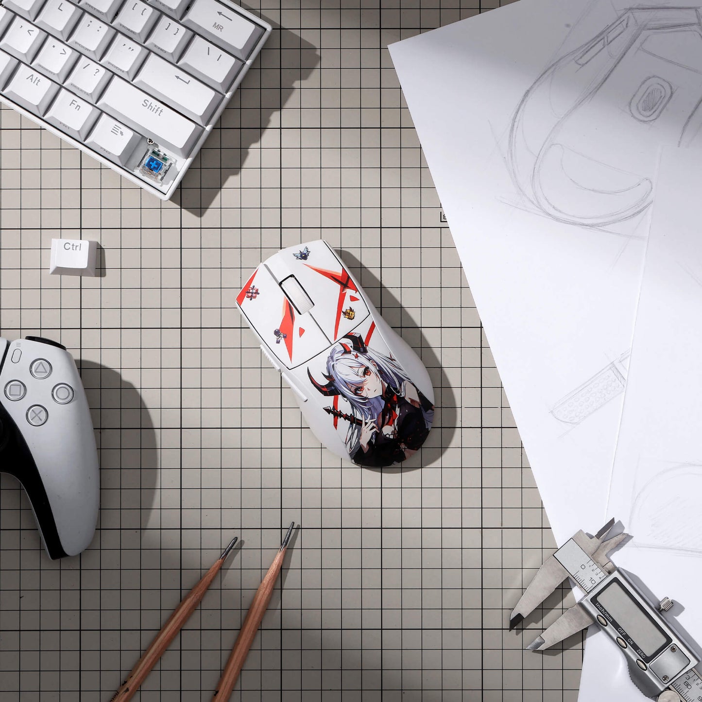 Mouse pad with anime character design on a grid surface with keyboard and tools