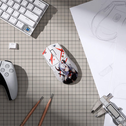 Mouse pad with anime character design on a grid surface with keyboard and tools