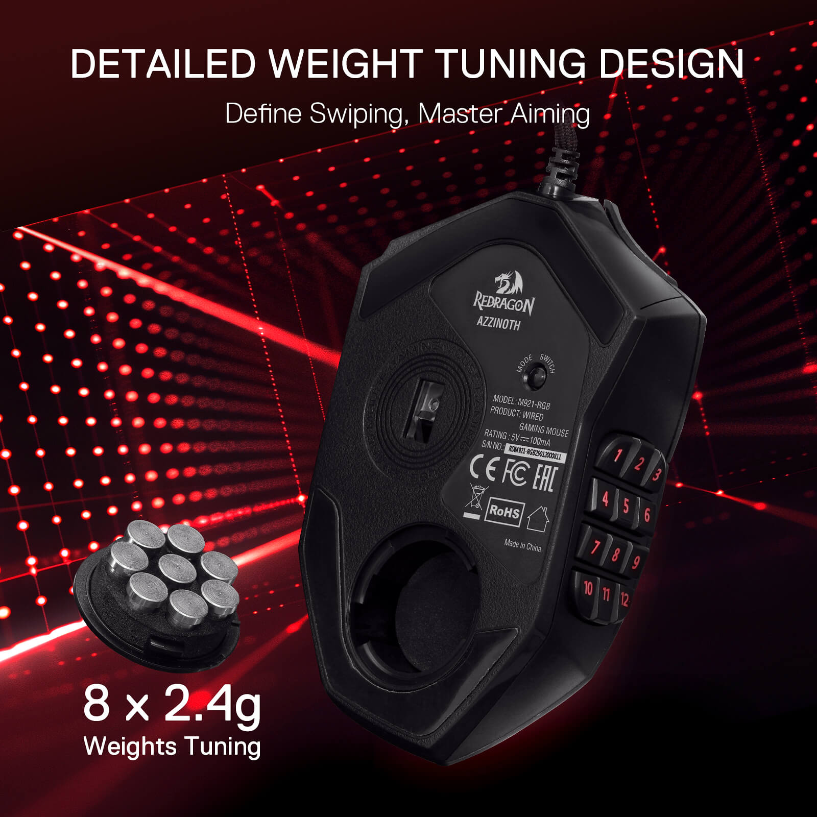 Redragon M921 MMO Gaming Mouse, 12400 DPI High Precision Wired RGB Mice w/18 Programmable Buttons, 12 Side Macro Keys, Software Supports for PC Laptop