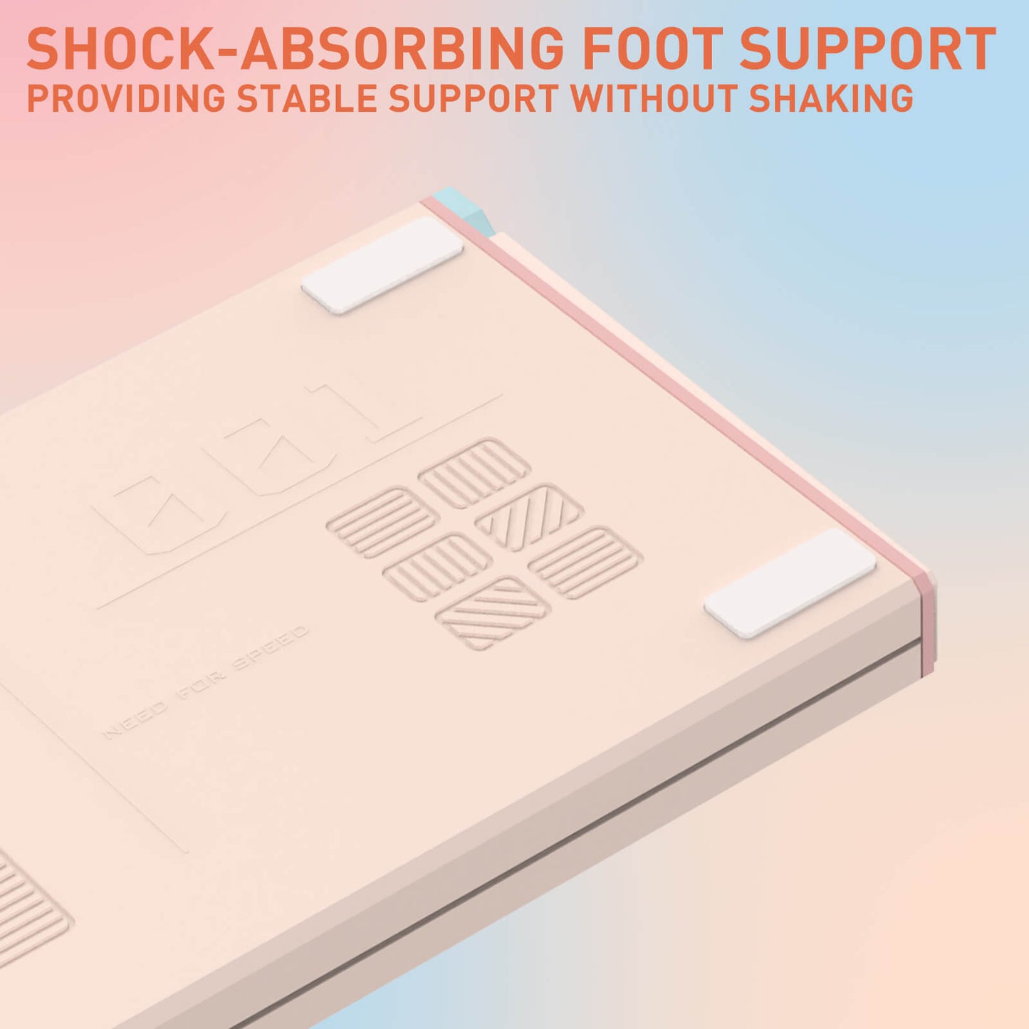 A close-up render of a beige foot support pad with white corner pads and embossed geometric patterns, shown on a soft pastel gradient background with orange marketing text at the top.