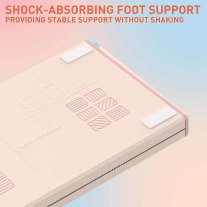 A close-up render of a beige foot support pad with white corner pads and embossed geometric patterns, shown on a soft pastel gradient background with orange marketing text at the top.