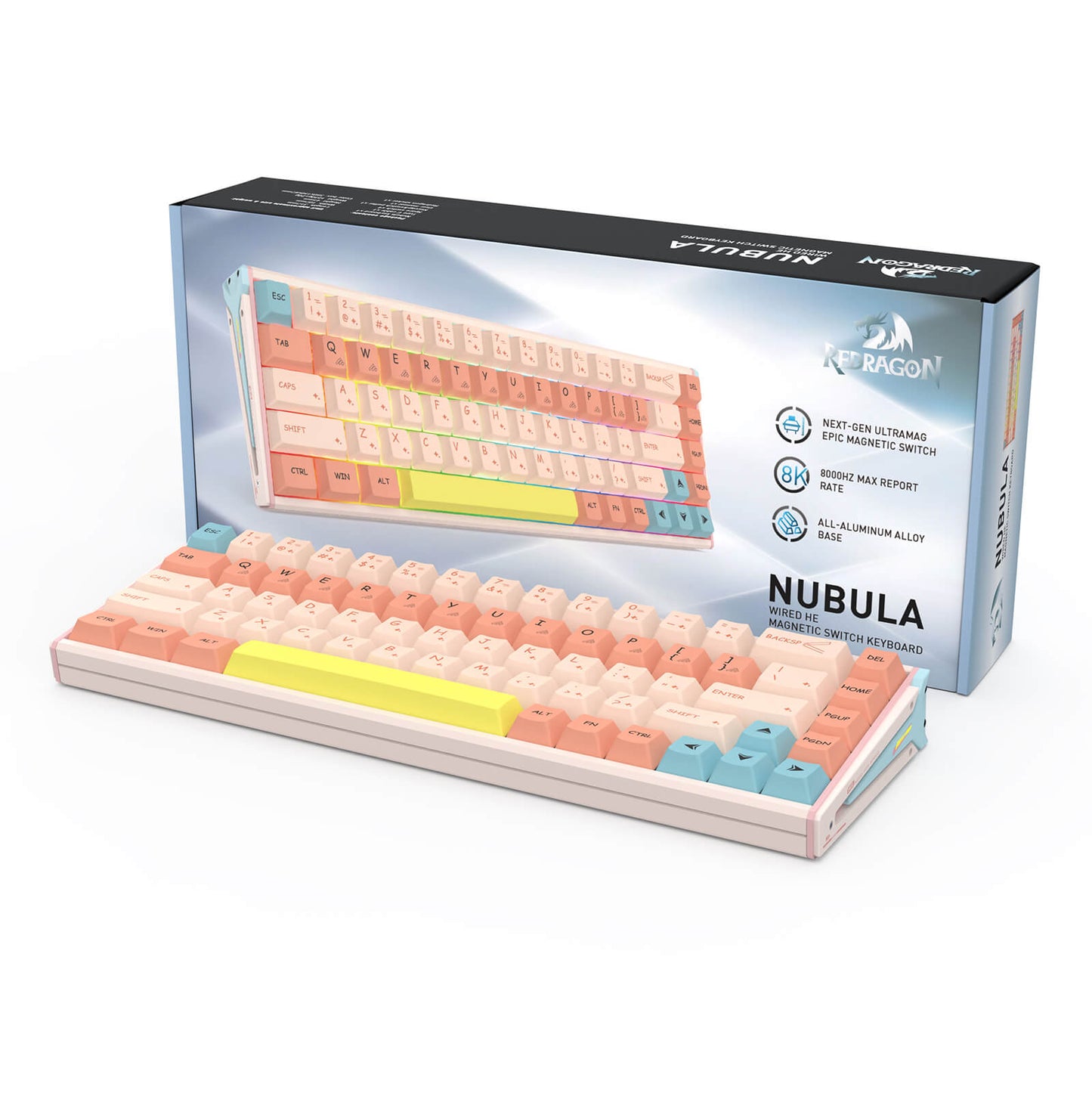 Nubula mechanical keyboard and its retail packaging box, featuring pastel peach, cream, and light blue keycaps with a bright yellow accent bar, set against a clean white background.