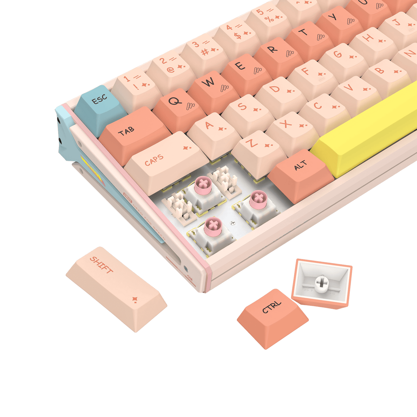 A pastel-colored mechanical keyboard shown on a clean white background, with three loose keycaps displayed in front. The keyboard features cream, peach, pink, light blue, and yellow keys, along with visible switch components and a custom plate.