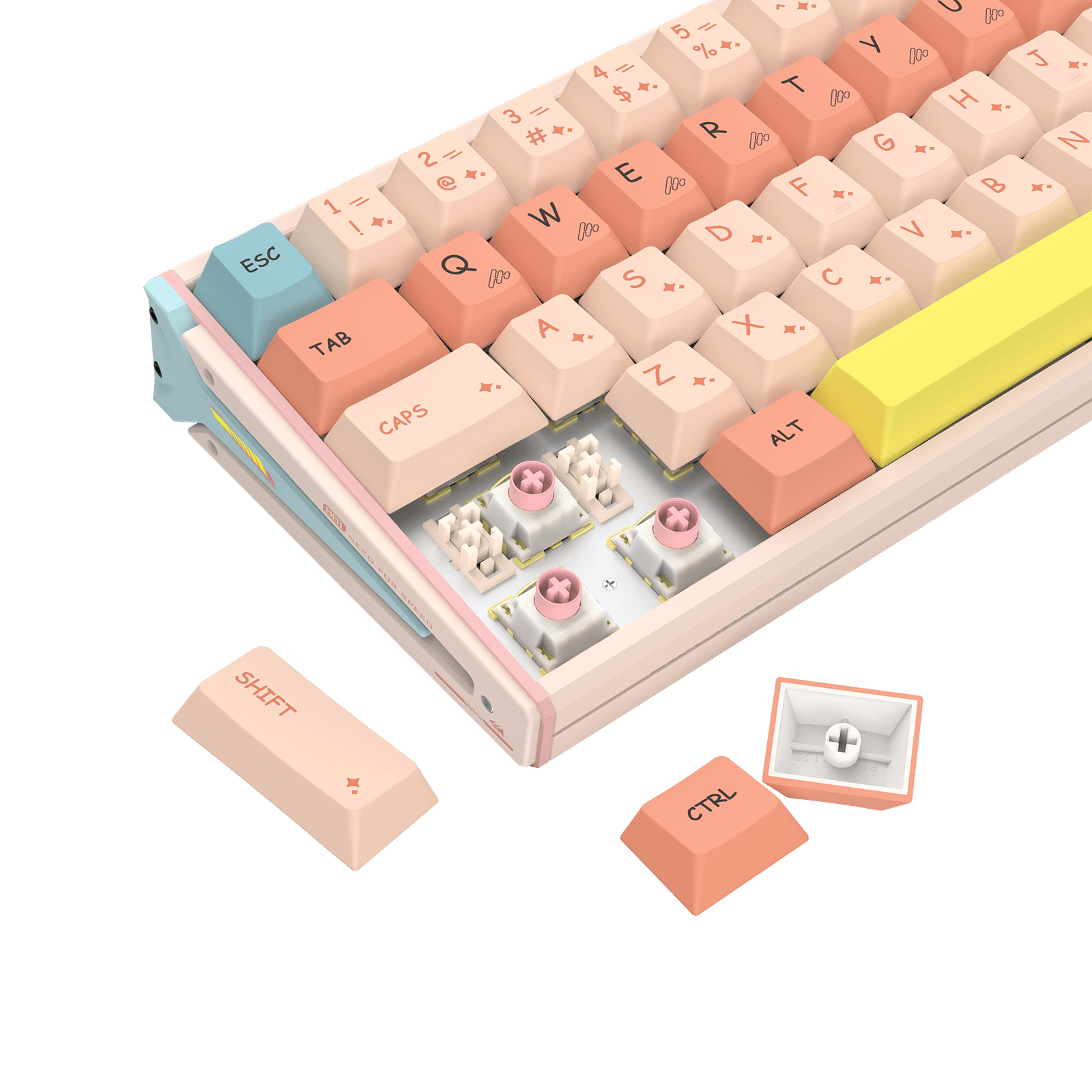 A pastel-colored mechanical keyboard shown on a clean white background, with three loose keycaps displayed in front. The keyboard features cream, peach, pink, light blue, and yellow keys, along with visible switch components and a custom plate.