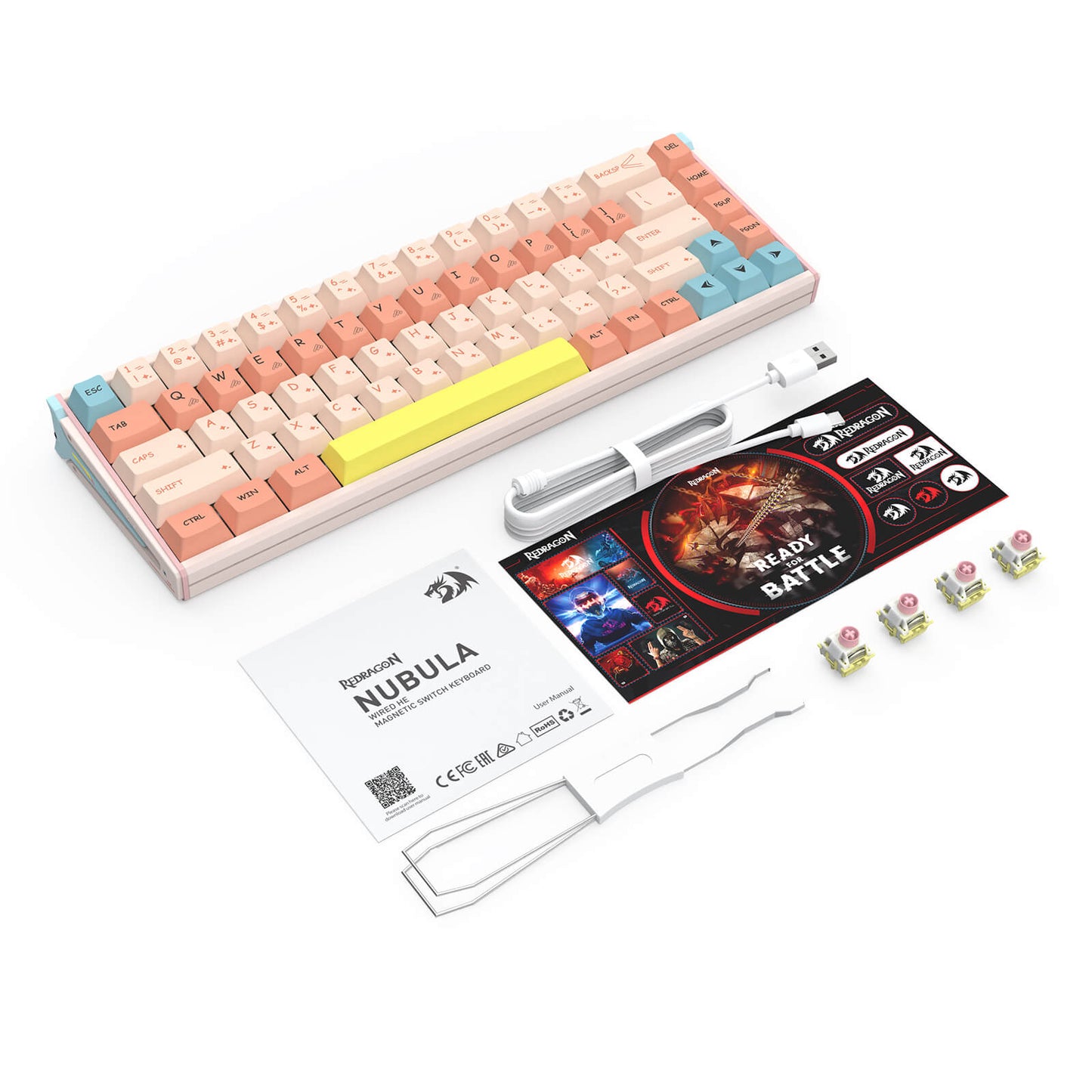 A pastel mechanical keyboard kit on a clean white background, including a compact keyboard with peach, cream, and light blue keycaps, a yellow backlight bar, a mechanical switch, a small brush, a branded card, and several switch modules.