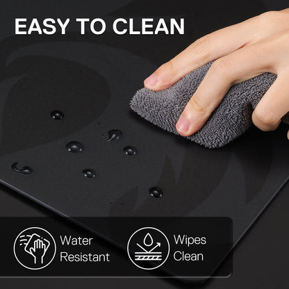 Hand using a gray cloth to clean a black surface with text 'EASY TO CLEAN' and icons indicating water resistance and wipes clean.