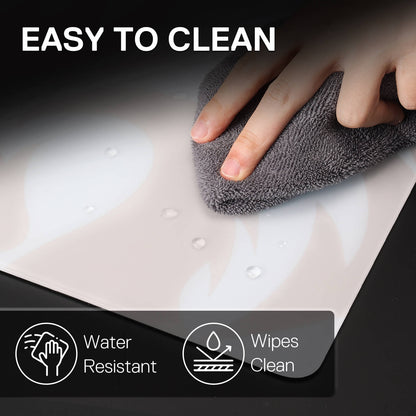 Hand using a gray microfiber cloth to wipe a surface with text 'Easy to Clean' and icons indicating water resistance and ease of cleaning.