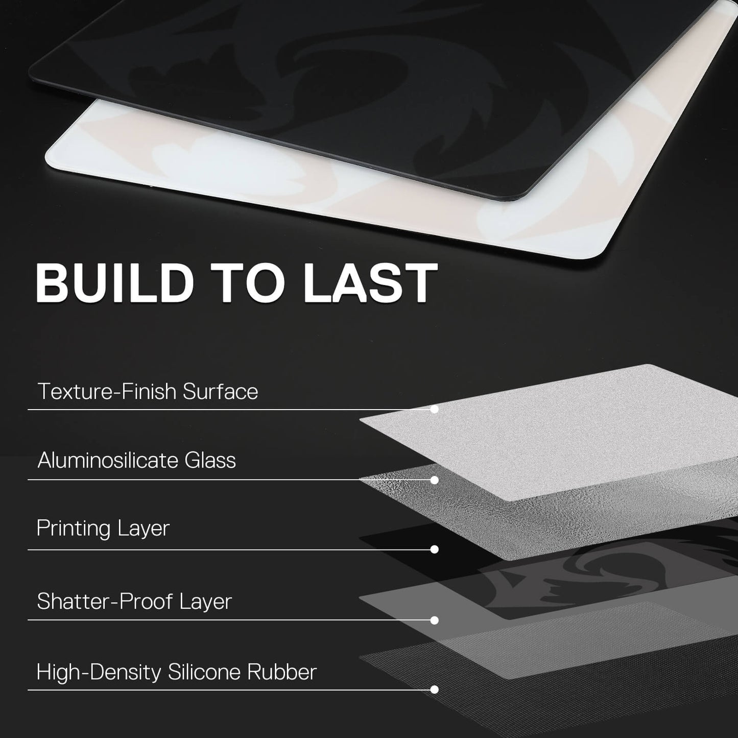 Glass screen protector with layers and text 'Build to Last' on a dark background