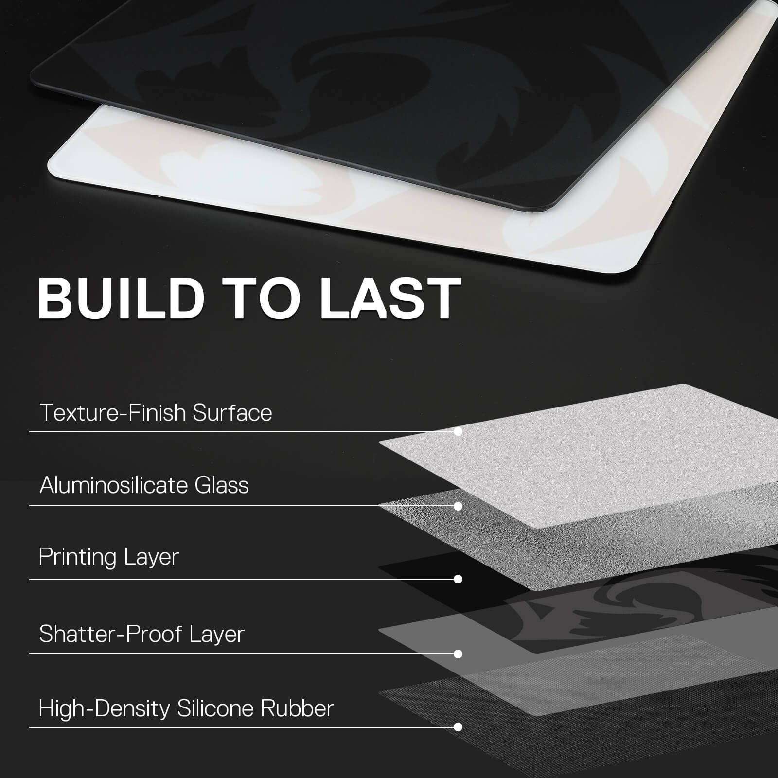 Glass screen protector with layers and text 'Build to Last' on a dark background
