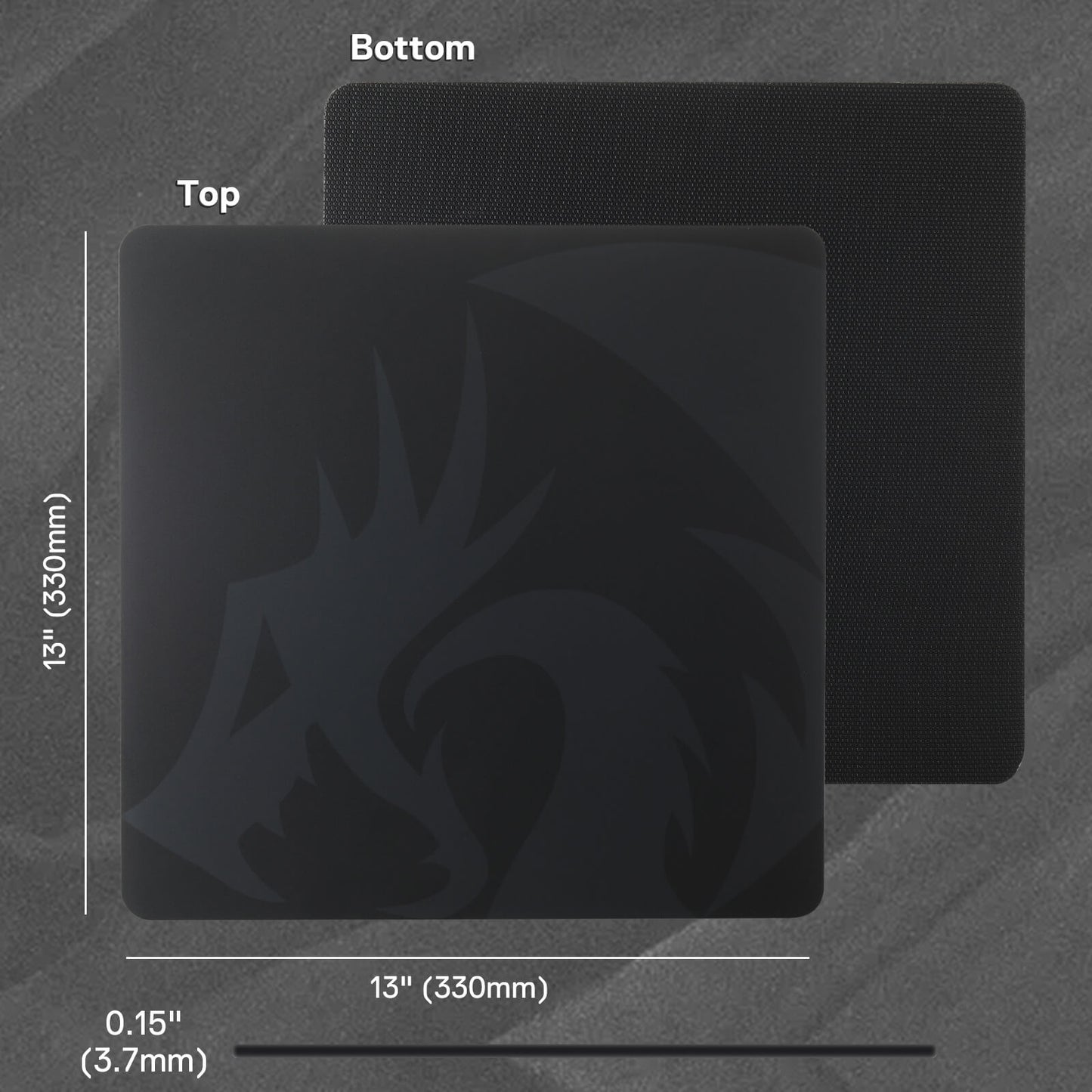 Black mouse pad with measurements on a gray background