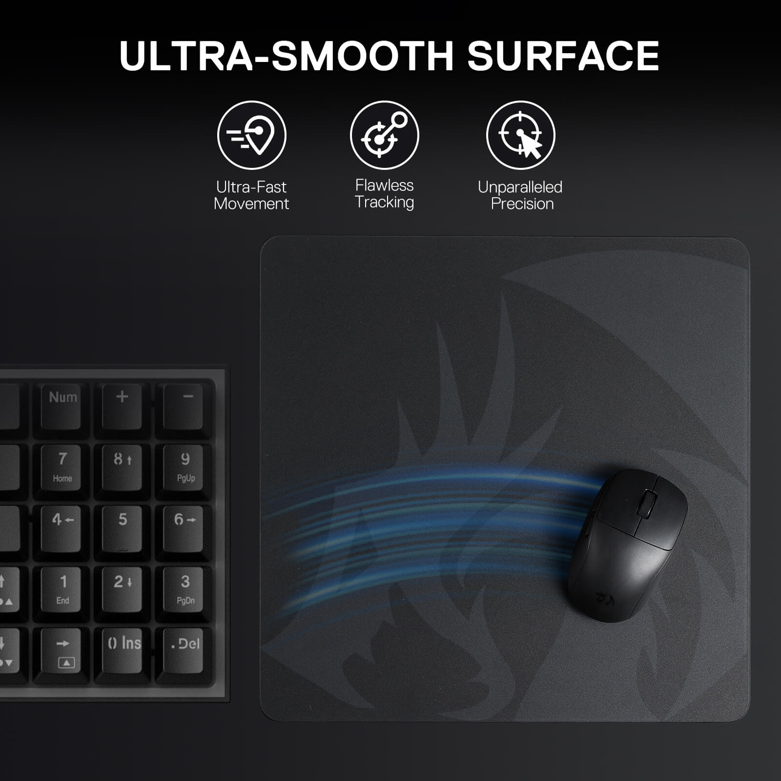 Redragon Glass Mouse pad with a mouse and keyboard on a dark background, highlighting features like ultra-fast movement, flawless tracking, and unparalleled precision.